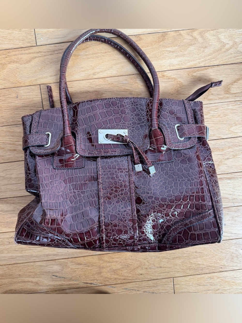 Patent Croc-Embossed Satchel Handbag in Deep Brown